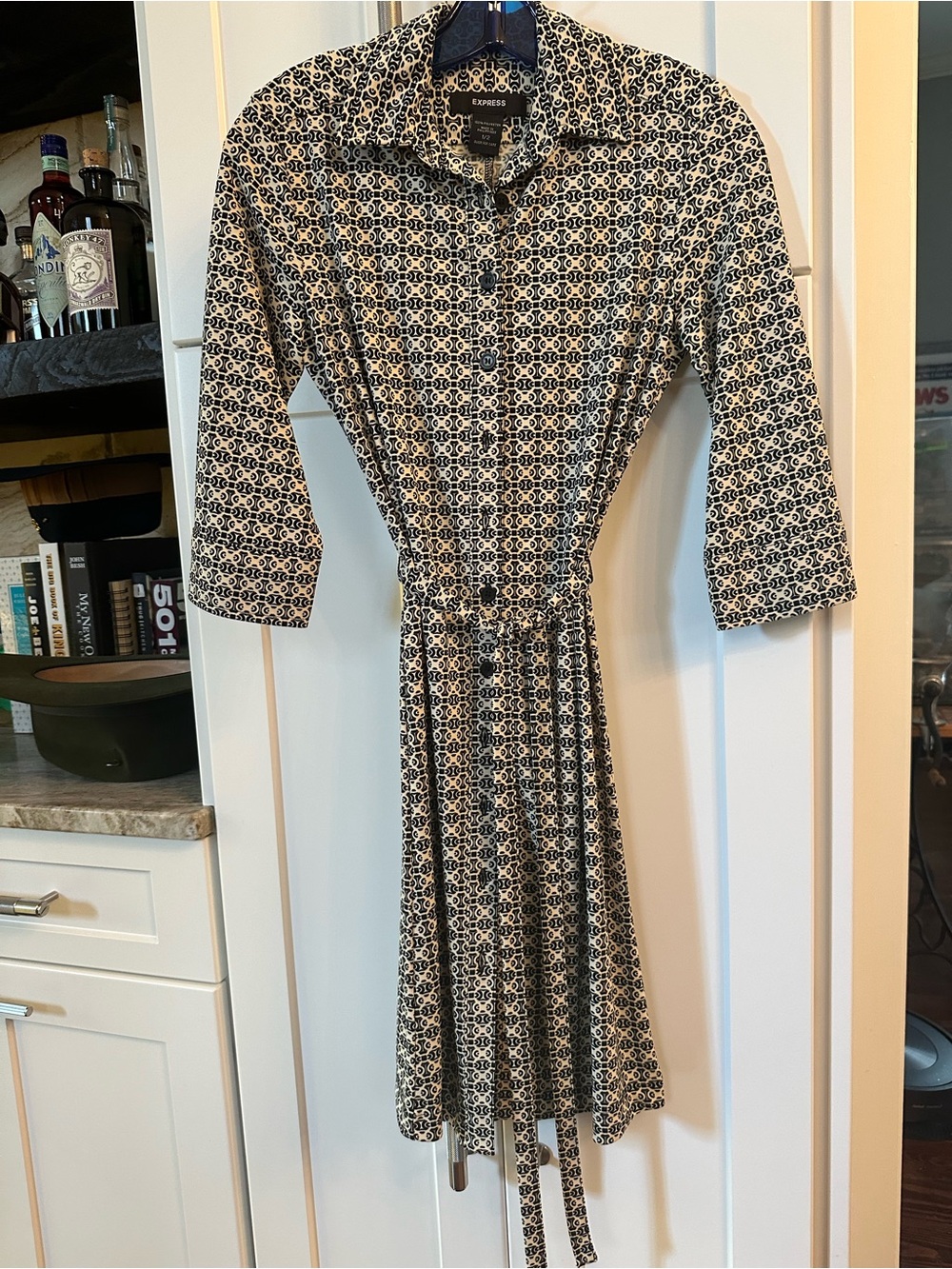 Express Black and Cream Printed Midi Shirt Dress